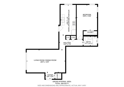 Floor plan for 1 bed, 1 bath, 699 sqft